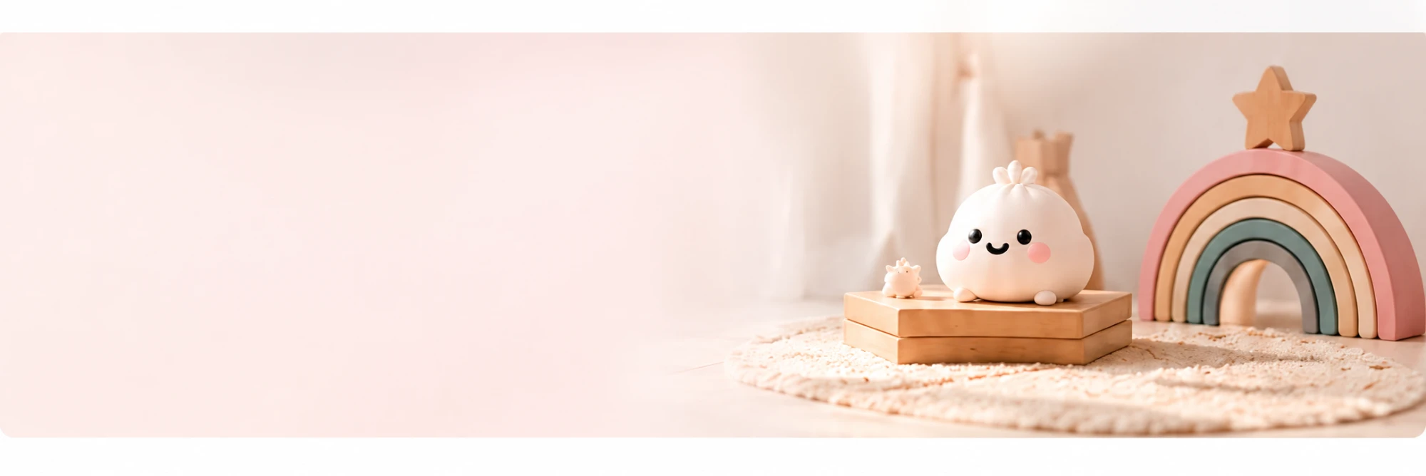 A pastel Squishiii character on a wooden stand beside a toy rainbow