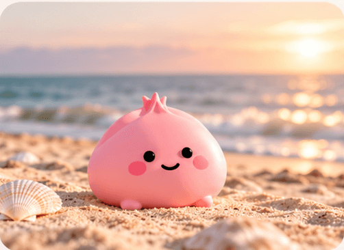 Peachy relaxing on a sandy beach at sunset