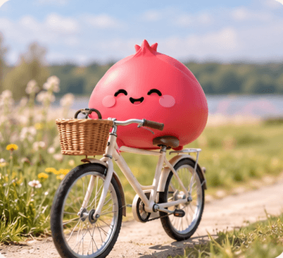 Ruby riding a bicycle with a basket of flowers