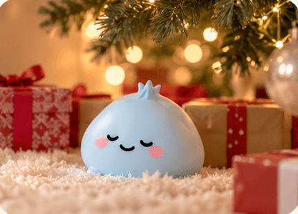 Nova sitting under a Christmas tree by the gifts