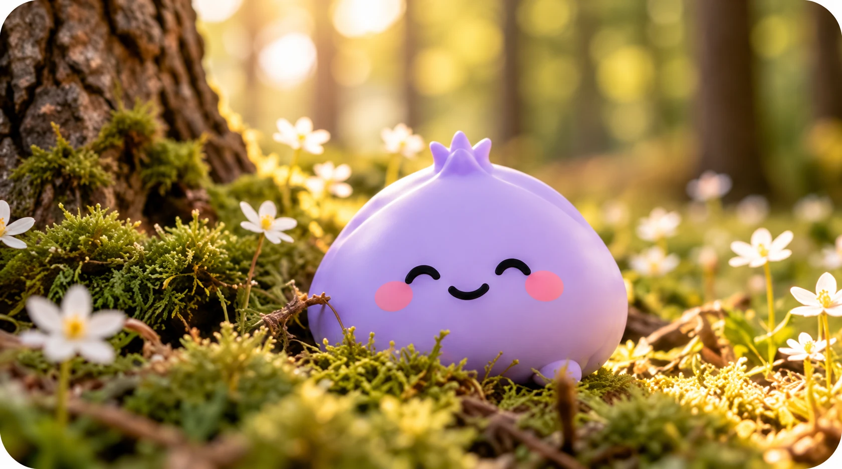 Ploomy resting among moss and wildflowers in a forest