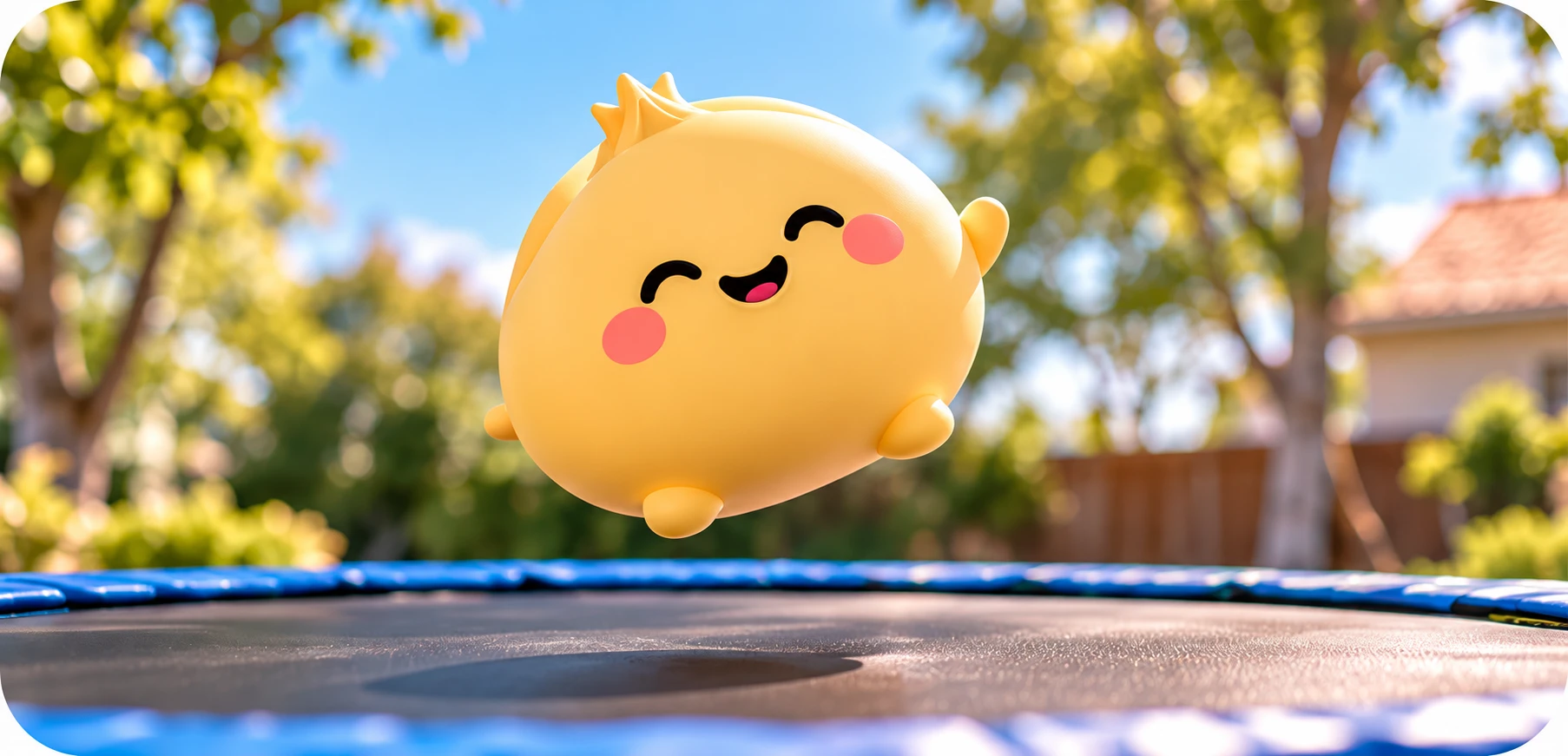 Midas bouncing on a trampoline in the sun