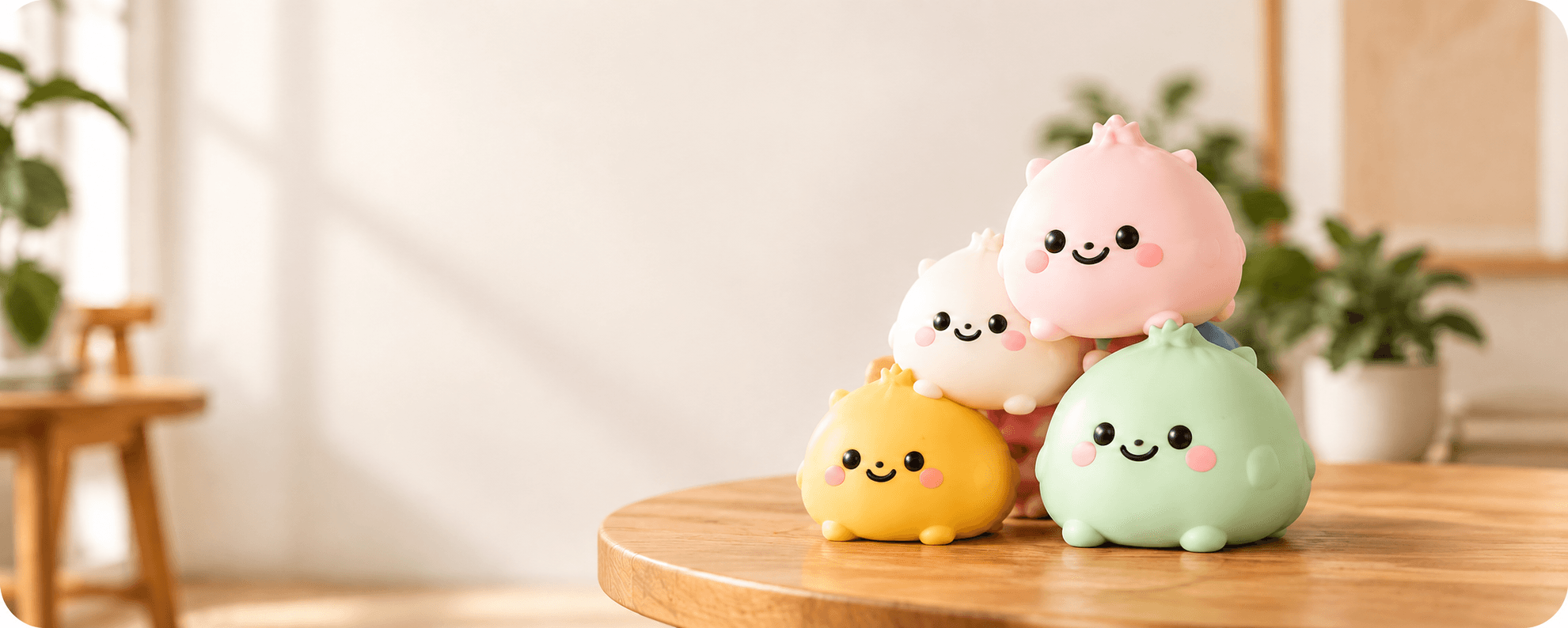 A pile of pastel Squishiii characters piled together on a table
