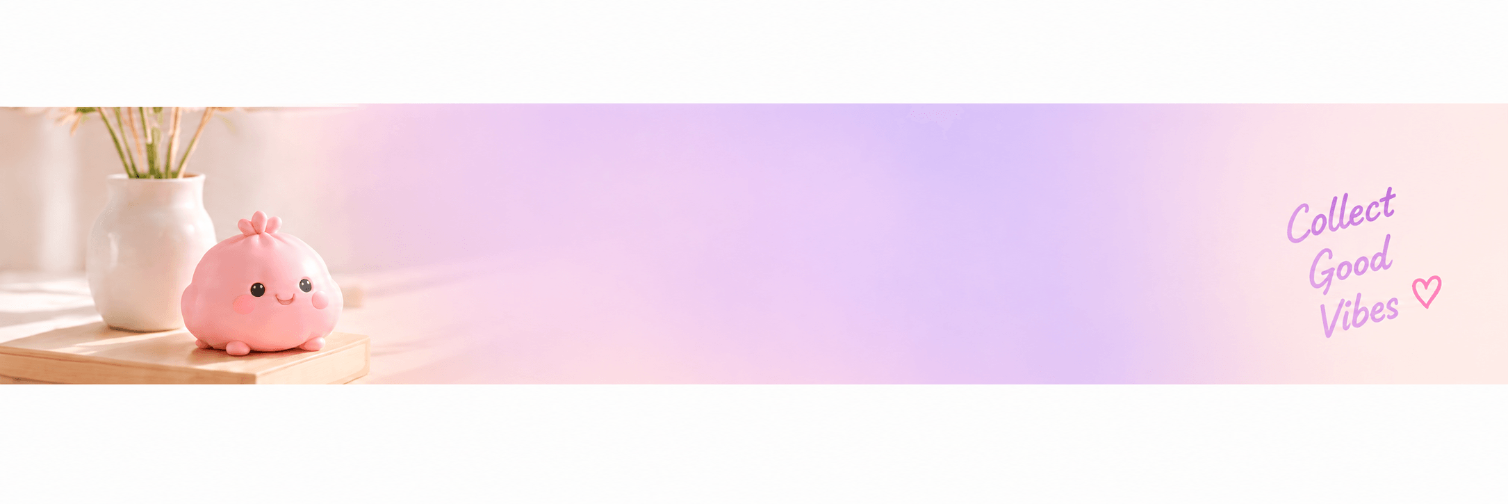A Squishiii character on a table beside a vase, with a soft pink-to-purple glow