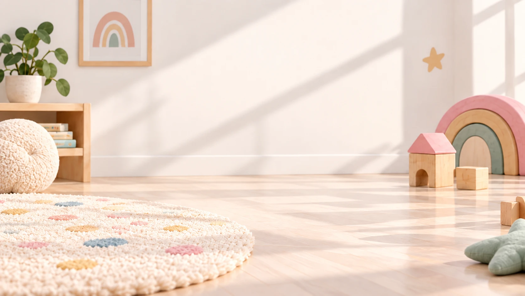 A cozy pastel playroom with wooden toys and a rainbow